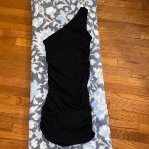 black single shoulder cinched cocktail dress